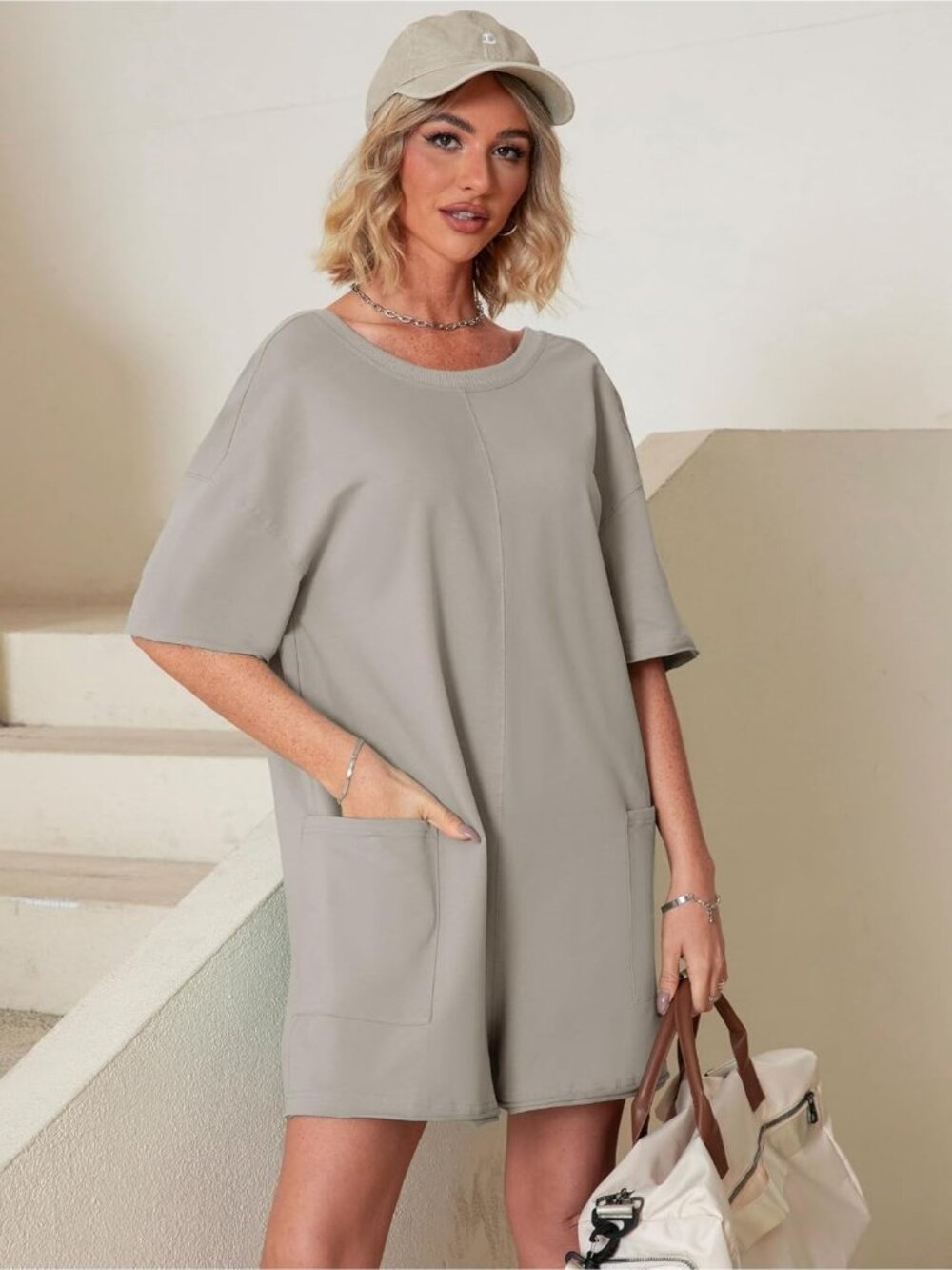 Women Light Grey Summer Casual Onesie Backless Loose Short Oversized Tee Romper - Picture 4 of 6